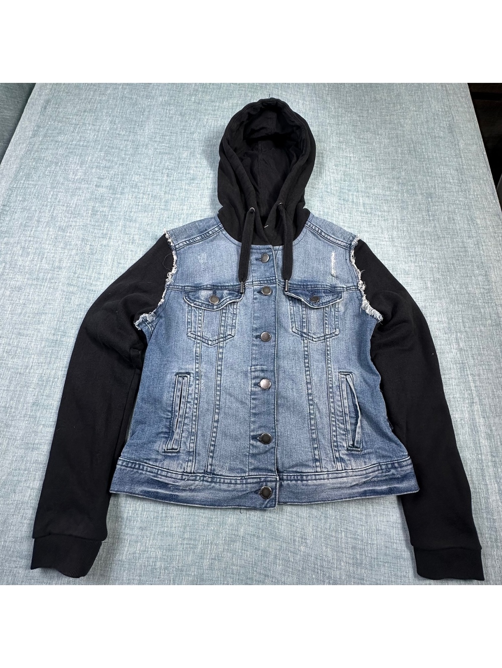 Divided H&M Denim Hoodie Jacket Sz 10 Distressed Denim Black Sleeves Hoodie Vest